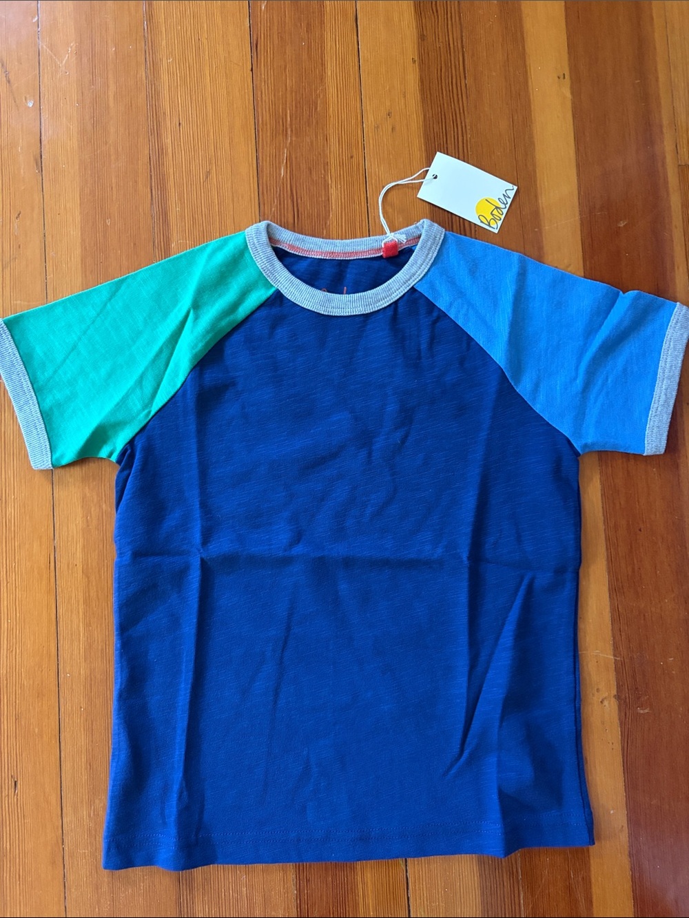 NWT Mini Boden Blue Colorblock Tee with Navy Green and Light Blue Sleeves
